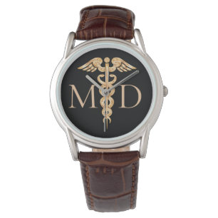 Montre Symbole du docteur Caduceus Noir Cuir Brown