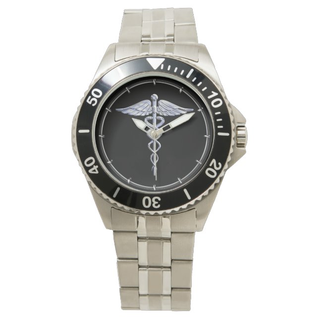 Montre Symbole Médicale Caduceus sur le noir (devant)