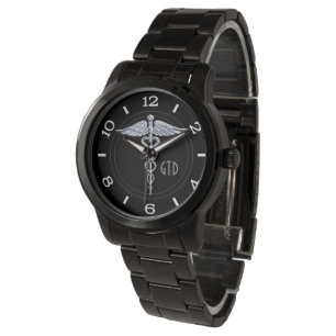 Montre Symbole Médicale Monogramme Caduceus sur noir