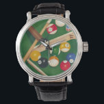 Montre Table de billard Lifelike avec boules et craie<br><div class="desc">Faites-les monter avec ce tableau spectaculaire d'une table de billard de Jennifer Goldberger. Les boules ont l'air neuves, le feutre a l'air immaculé, et la craie a déjà été appliquée aux bâtons de repère. Accrochez-le à la maison ou offrez-le à un ami ou à un proche qui aime jouer au...</div>