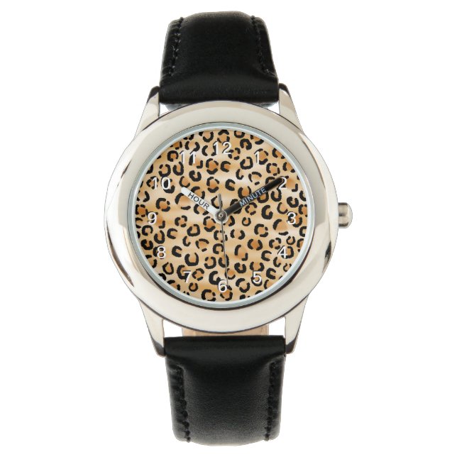 Montre Tan, noir et Motif Empreinte de léopard Brown. (devant)