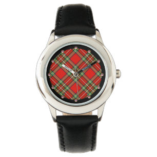 MONTRE TARTAN VERT ROUGE ÉCOSSE AVEC GEMMES ROSES