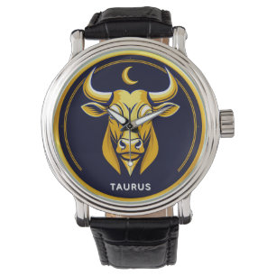 Montre Taureau doré dans un cercle du zodiaque cosmique