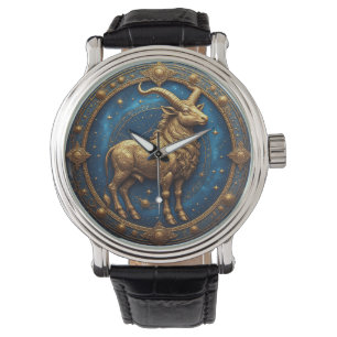 Montre Taureau doré dans un cercle du zodiaque cosmique