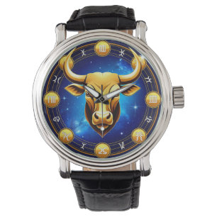 Montre Taureau doré dans un cercle du zodiaque cosmique