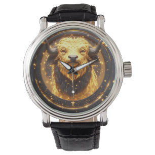 Montre Taureau doré en or dans une roue zodiacale circula