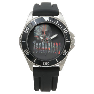 Montre Technologie Skull & Logo Mens Black Rubber Watch