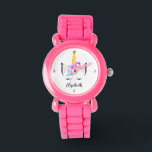 Montre Temps enchanté : Unicorne personnalisée Glittery r<br><div class="desc">Dégustez votre petit avec le "Temps enchanté" Personnalisé Montre Unicorne, un cadeau parfait pour les anniversaires ou toute occasion spéciale. Cette charmante montre présente une licorne aux cheveux arc-en-ciel blanc, ornée d'une couronne, d'accents floraux et de mignonnes cils somptueux, dressés contre un arrière - plan rose étincelant. Conçue avec les...</div>