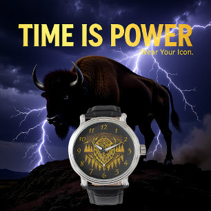 Montre Tête de bison d'or avec montagnes et arbres