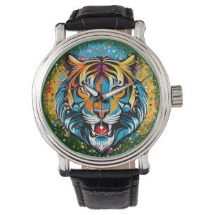 Montre Tête de tigre couleurs arc-en-ciel peinture taches