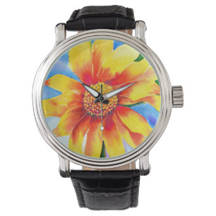 Montre Tournesol aquarelle peinture jaune orangé floral