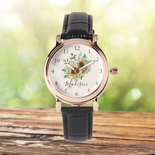 Montre Tournesol rustique vintage aquarelle monogrammé