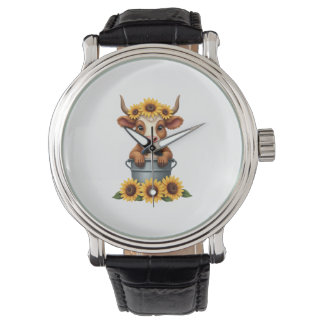 Montre Tournesol Vintage Vache Highland dans Seau Floral 
