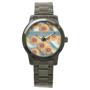 Montre Tournesols avec motif de fond bleu
