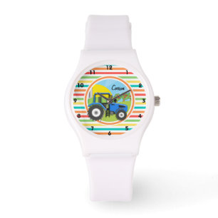 Montre Tracteur bleu ; bandes arc-en-ciel lumineuses