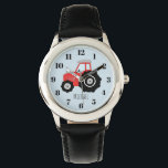 Montre Tracteur de ferme rouge avec nom Enfants<br><div class="desc">Ce joli design fait partie d'une collection de mignons doodles de transport pour vêtements et accessoires pour enfants. Le design se compose d'un tracteur rouge griffé à la main et coloré sur le bleu, et peut être personnalisé avec le nom de votre garçon. Parfait pour une ferme et tracteur amoureux...</div>