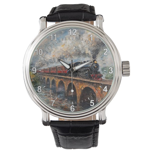 Montre Train à vapeur sur un pont - Peinture à l'huile (devant)