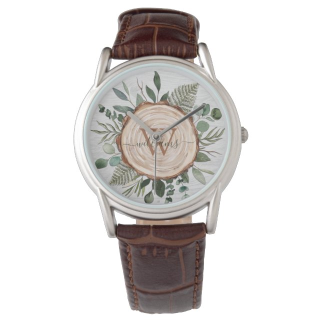 Montre Tranche de bois rustique et feuillage à monogramme (devant)