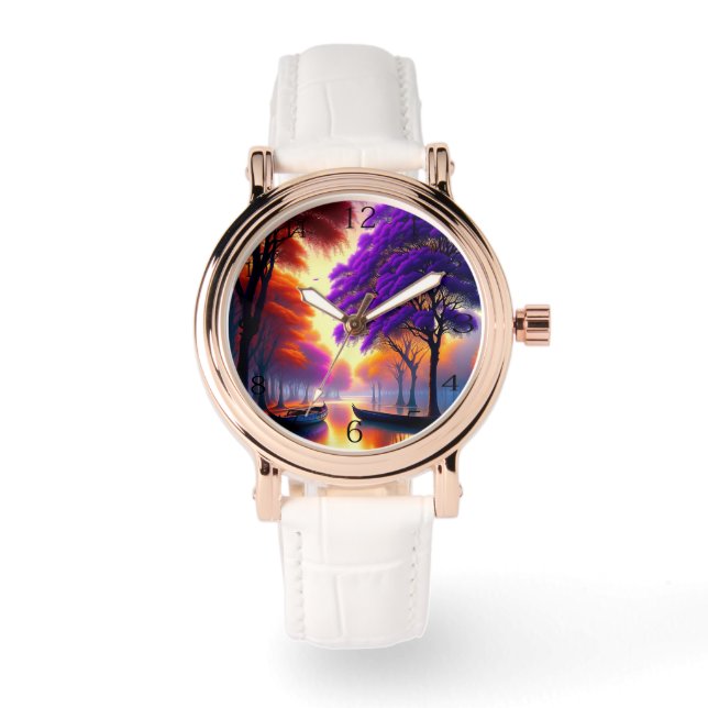 Montre "Tranquillité de la dérive : Canoës sous Jacaranda (Recto)