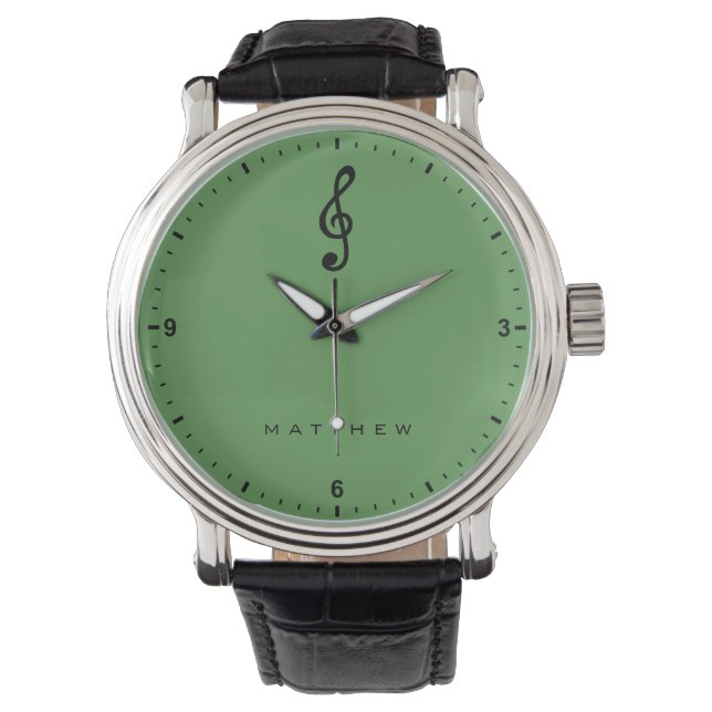 Montre Treble Clef Musical Note Musique Plaque Nom Vert (devant)
