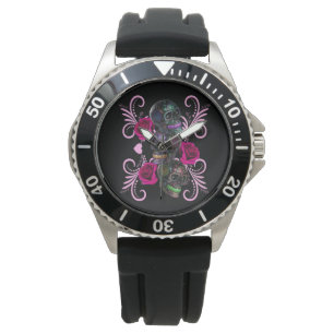 Montre Triple Jour Noir Des Crânes Morts Roses Rose