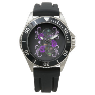 Montre Triple Jour Noir Des Crânes Morts Roses Violets