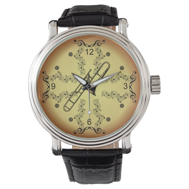 Montre Trombone ~ Scroll musical ~ Arrière - plan d'or ~ (devant)