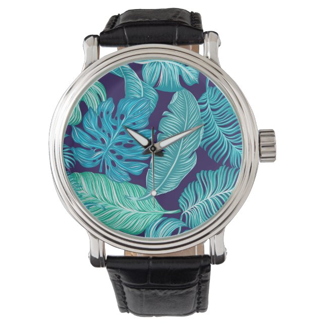 Montre Tropical Green Blue Feuille Motif Watch (devant)