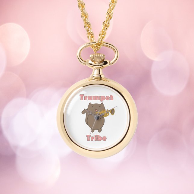 Montre Trumpet Tribe Cat Pink Letters (A watch necklace featuring a cat playing the trumpet and the words trumpet tribe.)