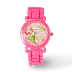 Montre Tulipes rouges sur Arrière - plan de bois propre