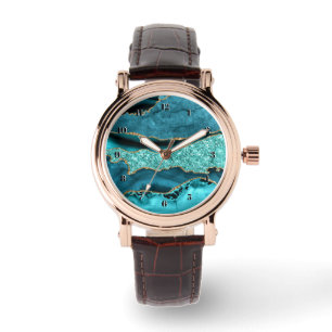 Montre Turquoise Bleu Sarcelle Paillettes Marbre O