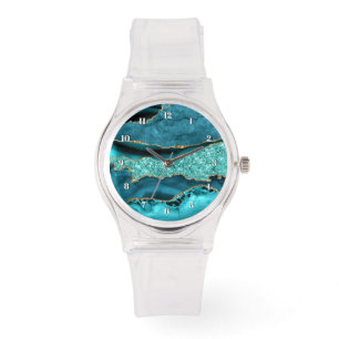 Montre Turquoise Blue Gold Parties scintillant Marbre Aqu