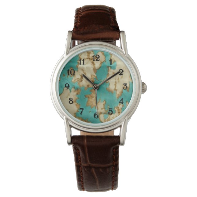 Montre Turquoise Brown Cream Animal Cowhide Western (devant)