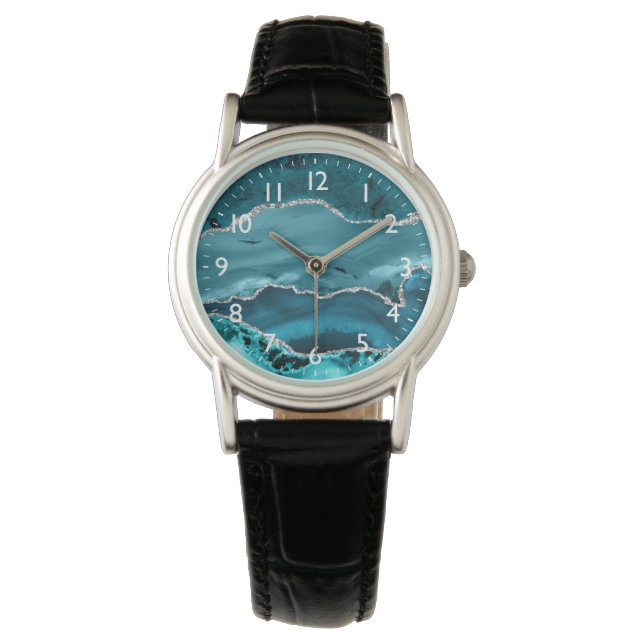 Montre Turquoise et Argent Faux Parties scintillant Agate (devant)