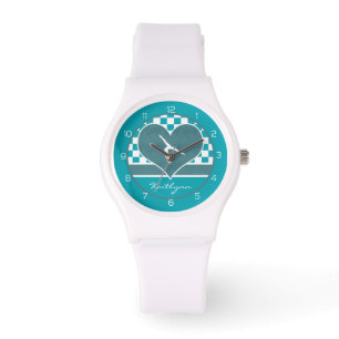 Montre Turquoise Green À damiers Gymnastique avec Monogra