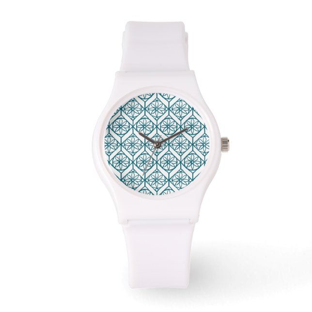 Montre Turquoise sur Motif ethnique blanc, Fleurs, Chevro (Recto)