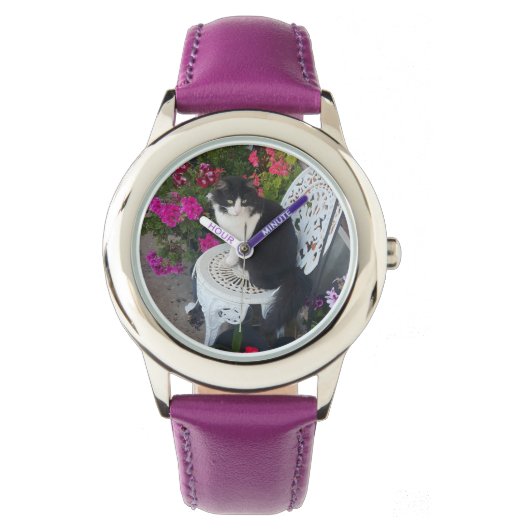 Montre Tuxedo Cat Maroon Dark Pink Cats and Flowers (devant)