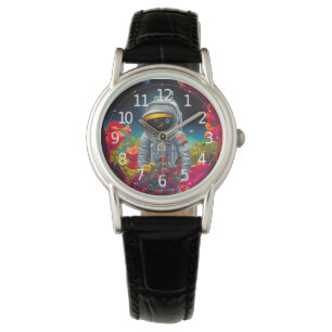 Montre Un astronaute coloré dans l'espace avec des fleurs