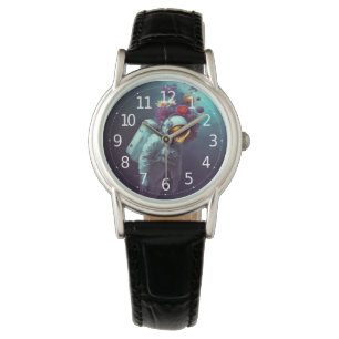 Montre Un astronaute coloré dans l'espace avec des fleurs