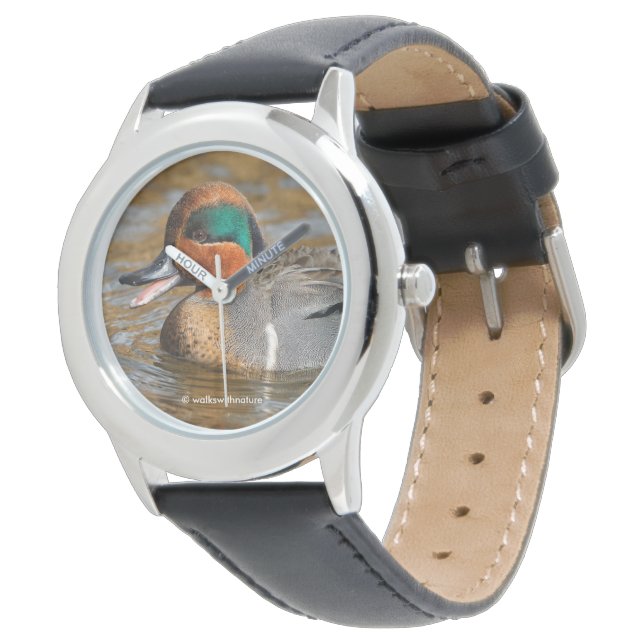 Montre Un canard Turquoise à ailes vertes chatté à l'étan (Incliné)