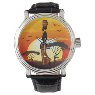 Montre Une belle femme africaine Silhouette sur les solei