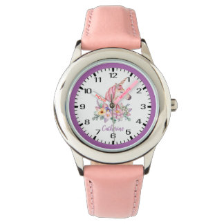 Montre Unicorne à ailes roses avec les joyeuses fleurs pa