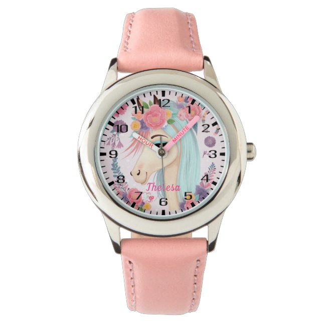 Montre Unicorne de cheveux Turquoises de couleur claire a (devant)