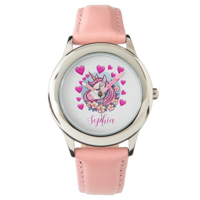Montre Unicorne mignonne, Coeurs et Fleurs roses, Nom per (devant)