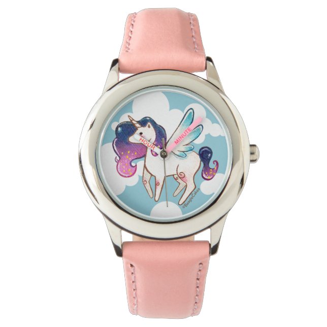 Montre Unicorne rose en acier inoxydable (devant)