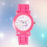 Montre Unicorne rose violet blanc ceint mignonne<br><div class="desc">Une mignonne licorne magique dormant dans des pastels blancs,  violets,  roses,  jaunes. Avec un peu de turquoise. Arrière - plan blanc. chiffres de couleur rose.</div>