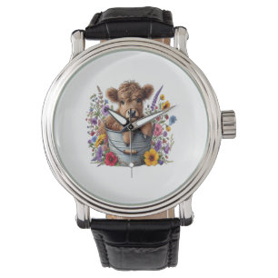Montre Vache Highland dans le seau à fleurs, mignonne