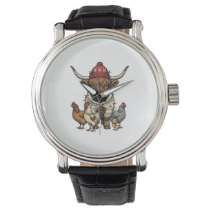 Montre Vache Highland et poulets de Noël Gravure Vintage