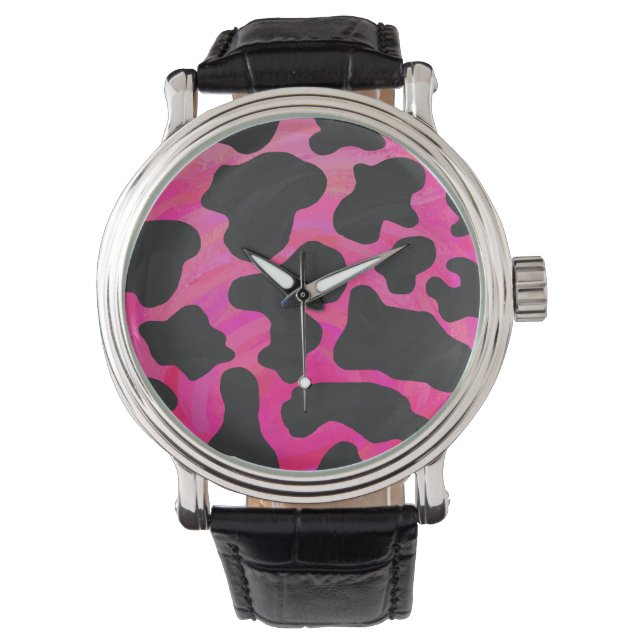 Montre Vache Imprimé Rose Chaud et Noir (devant)