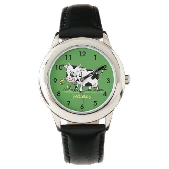 Montre Vache mignonne en vert dessin animé sur le terrain (devant)